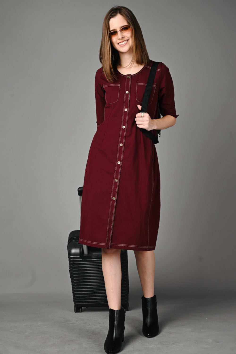 Wine Cotton Stretch Dress with Waist Adjuster