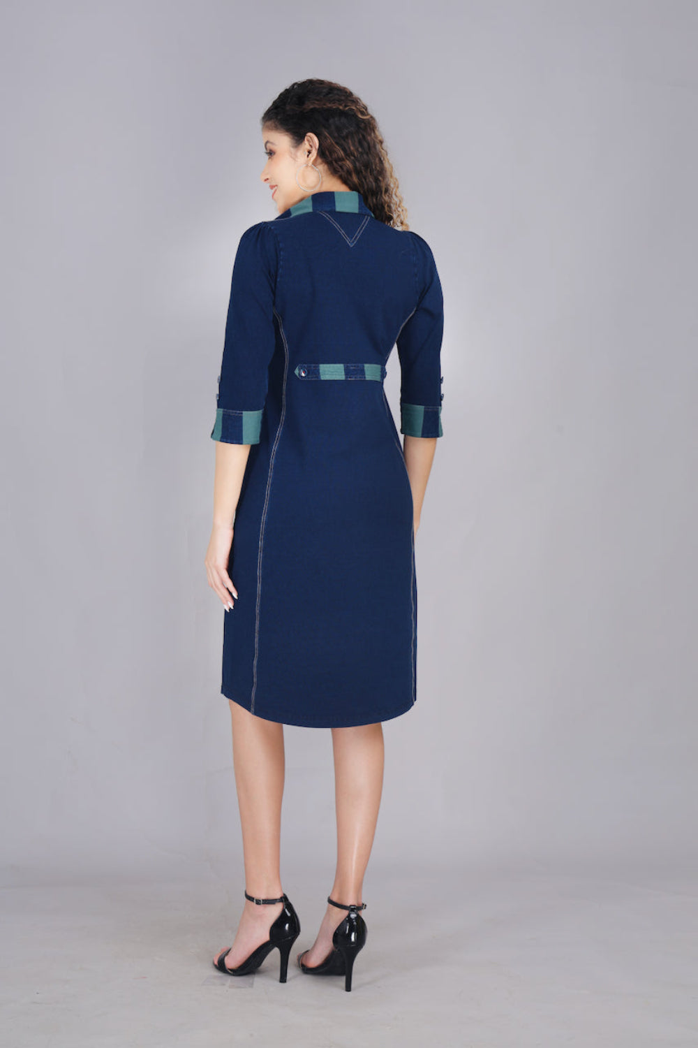 Stretch Denim Dress with Green Stripe Pockets