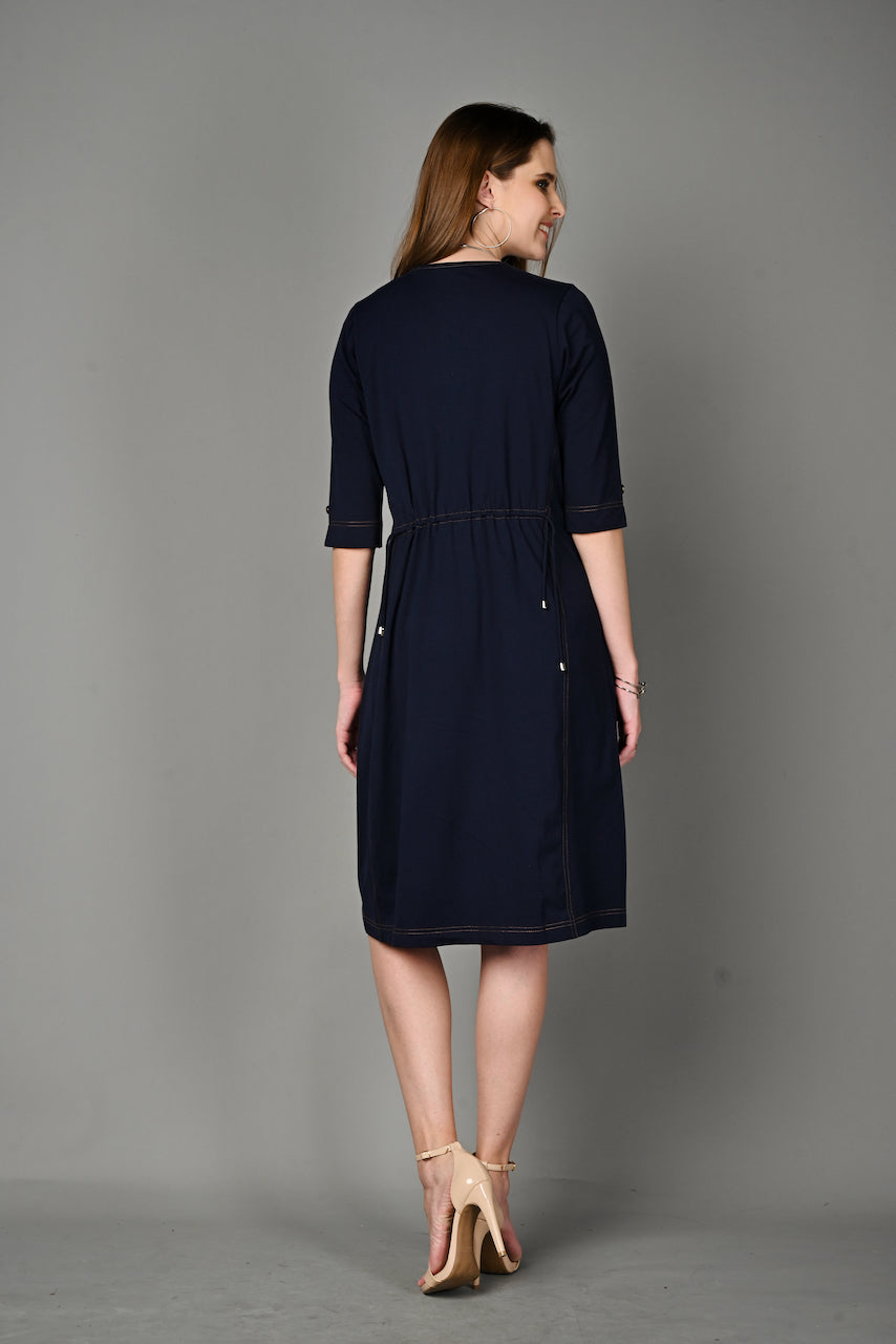 Navy Cotton Stretch Round Neck Dress