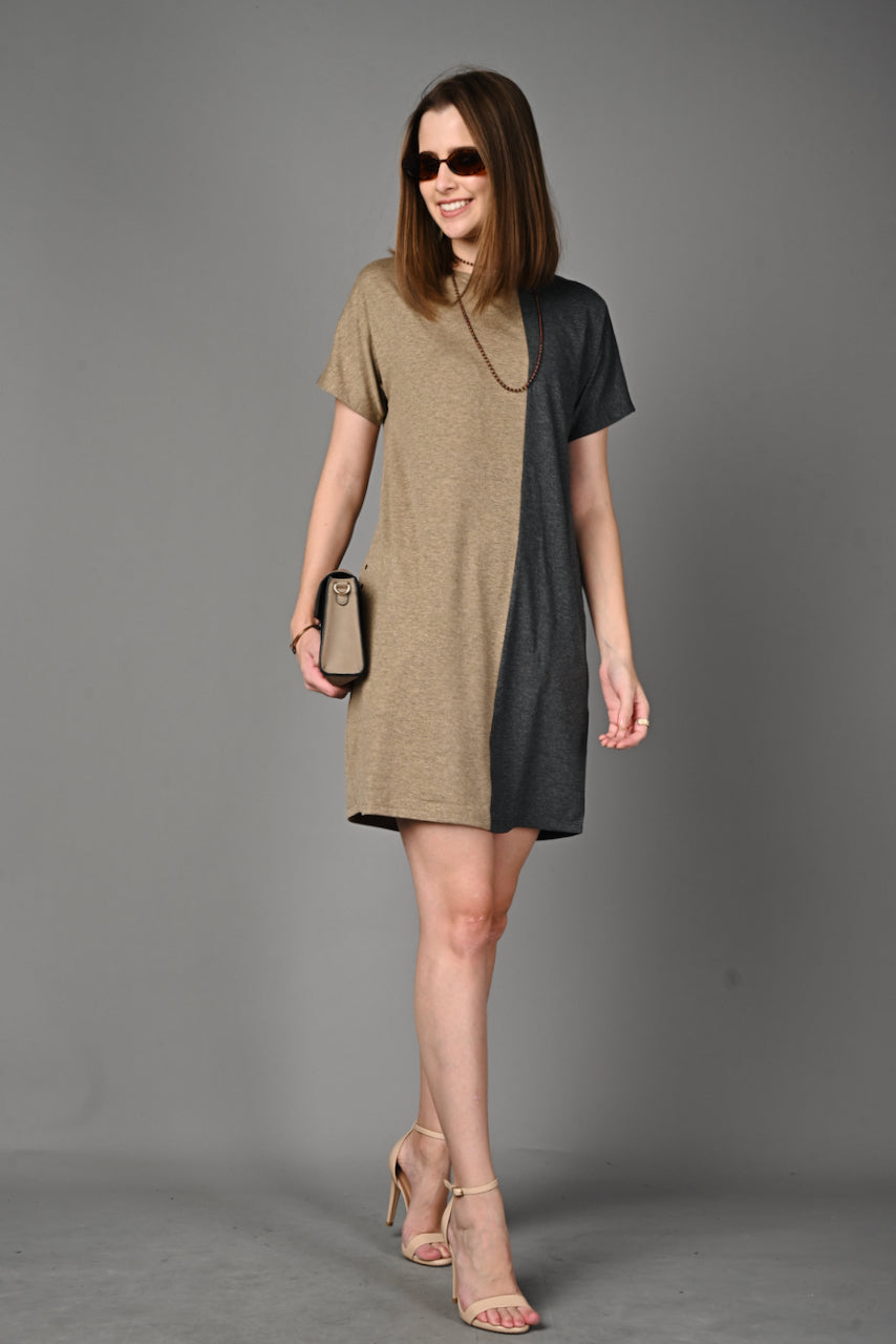 Fawn Grey Melange Stretch Round Neck Dress