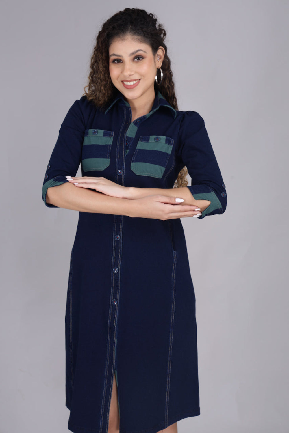 Stretch Denim Dress with Green Stripe Pockets