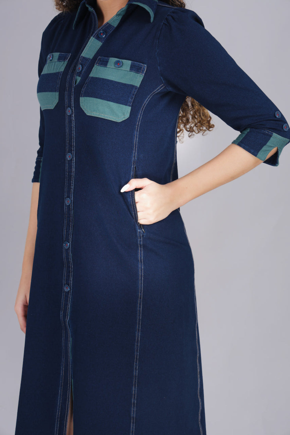 Stretch Denim Dress with Green Stripe Pockets