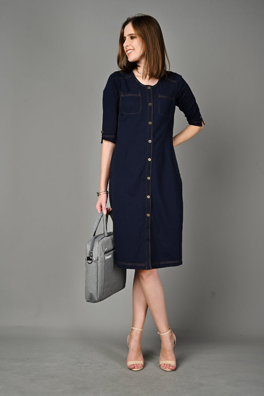Navy Cotton Stretch Round Neck Dress