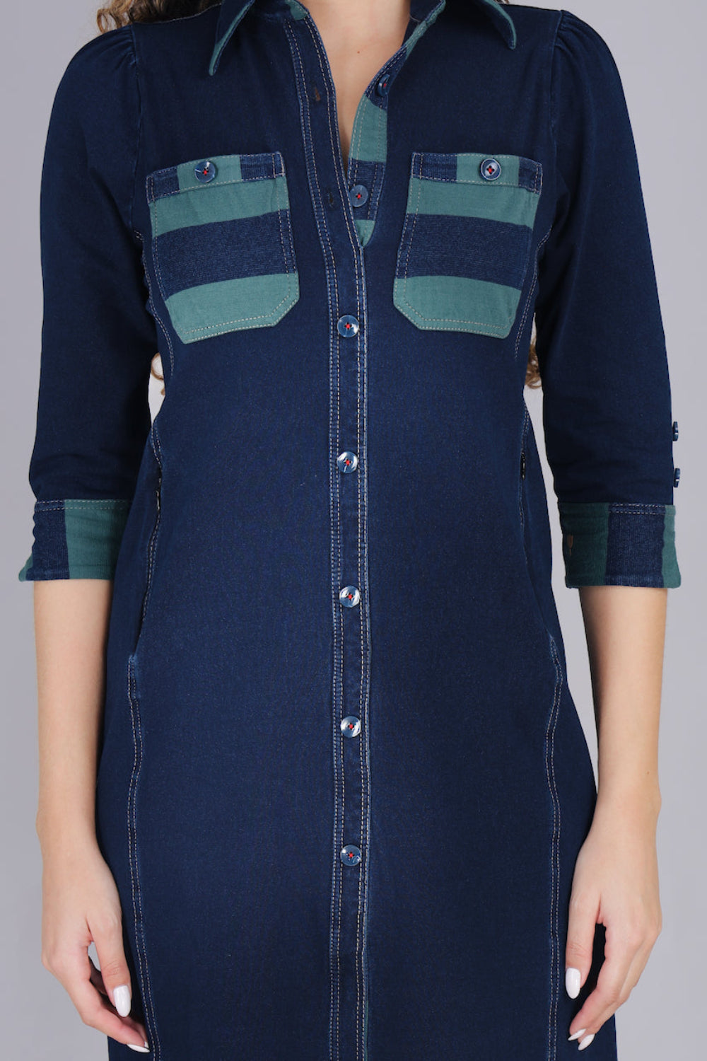 Stretch Denim Dress with Green Stripe Pockets