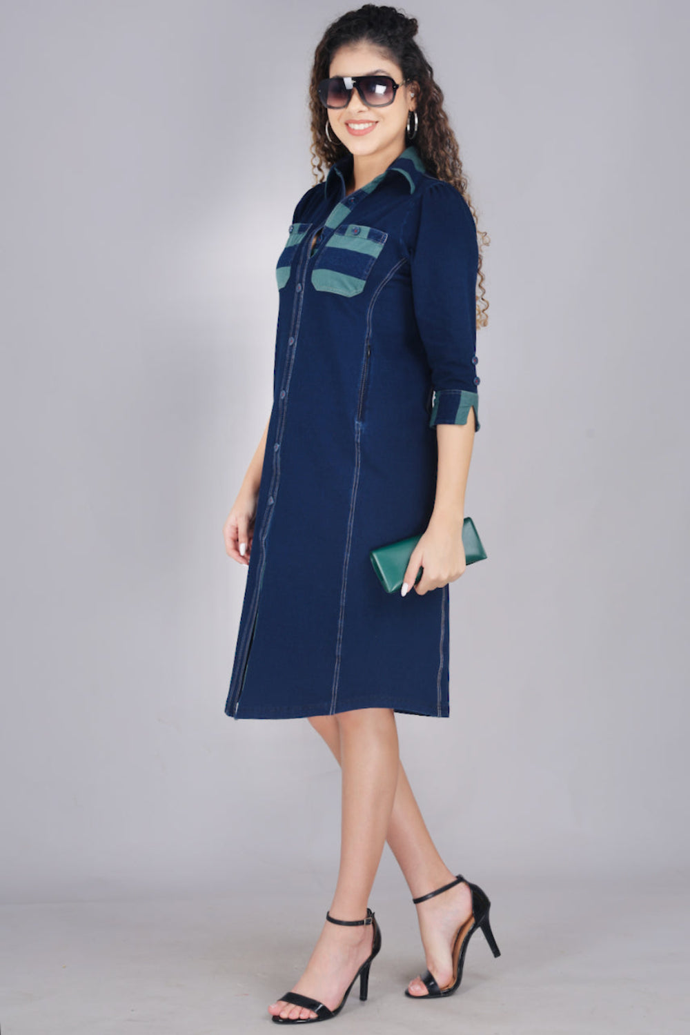 Stretch Denim Dress with Green Stripe Pockets