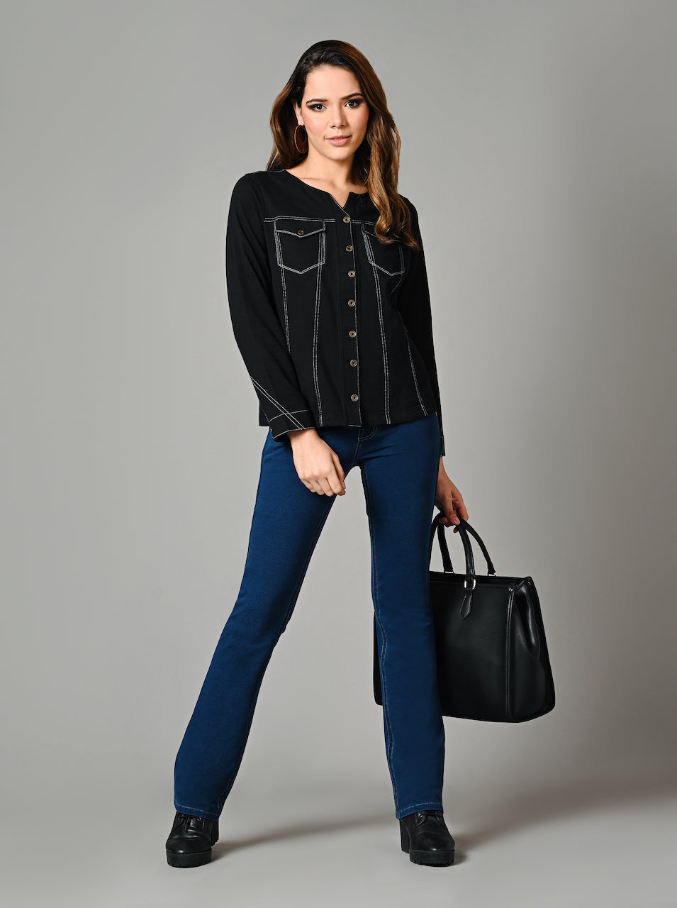 Black V Neck Cotton Stretch Jacket