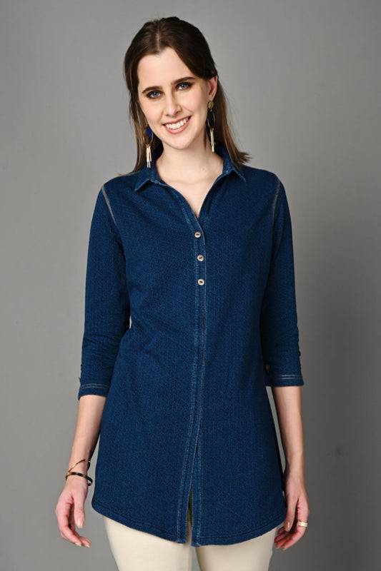 Stretch Indigo Denim Jacquard Long Shirt