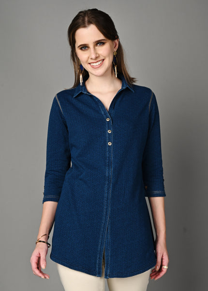 Denim Indigo Jacquard Long Shirt Kurti