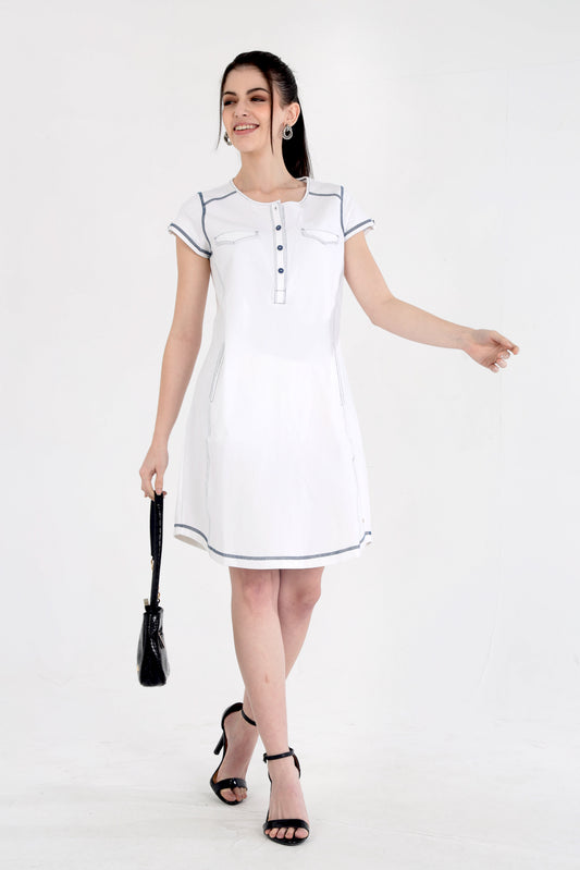 White Cotton Stretch Dress With Cap Sleeves and Black Threadwork