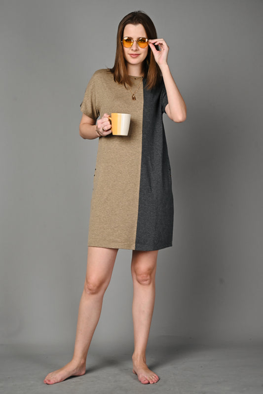 Fawn Grey Melange Stretch Round Neck Dress