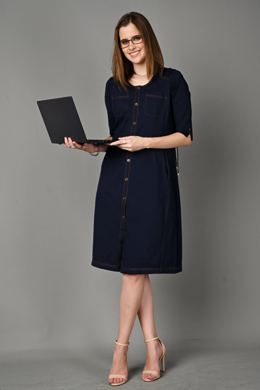 Navy Cotton Stretch Round Neck Dress