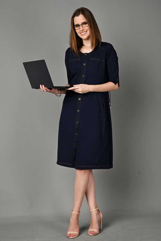 Navy Cotton Stretch Round Neck Dress