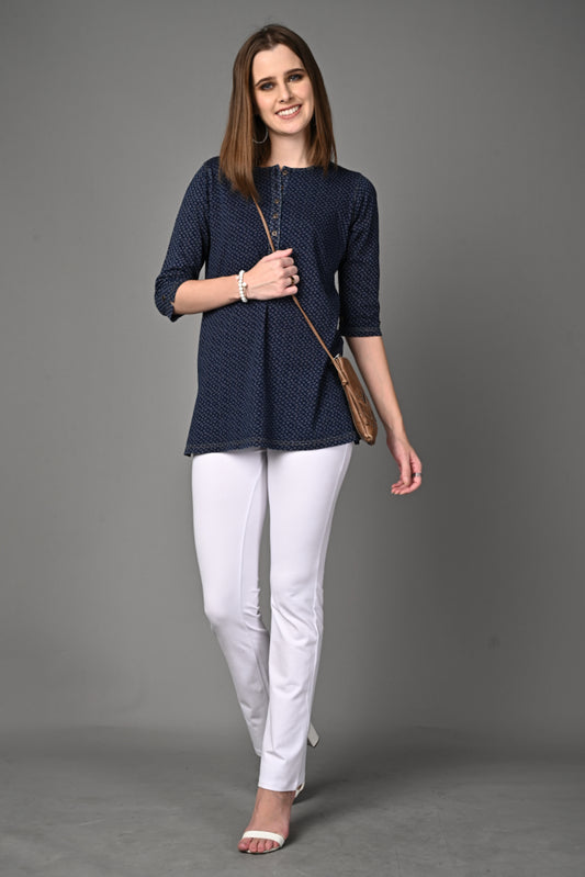 Denim Stretch Paisley Printed Long Top