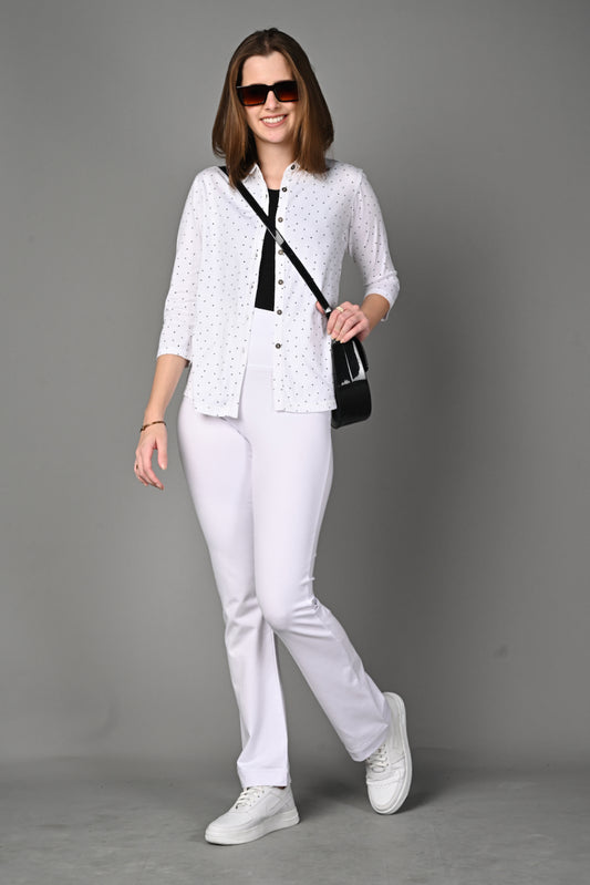 White Black Dot Cotton Stretch Shirt