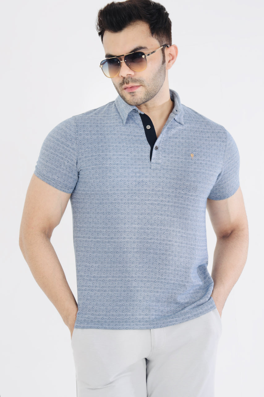 Men's Blue Jacquard Cotton Tshirt