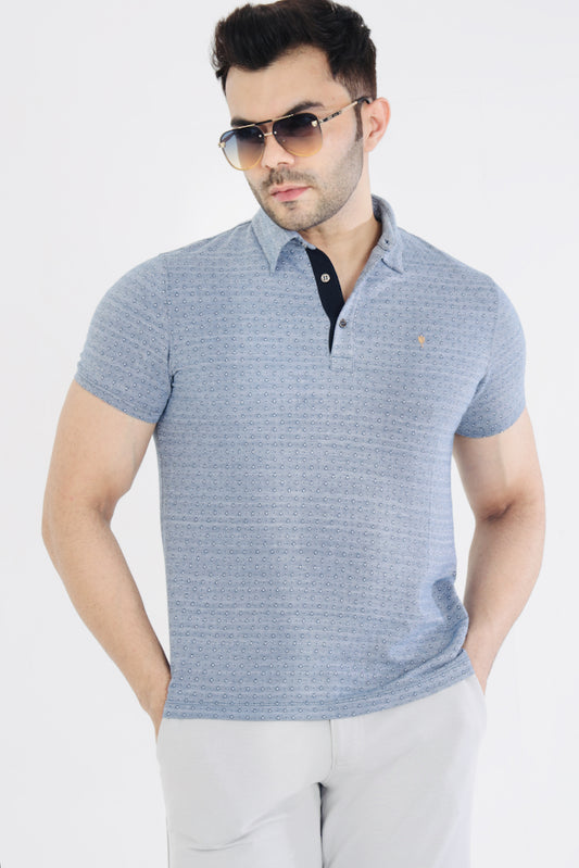Men's Blue Jacquard Cotton Tshirt