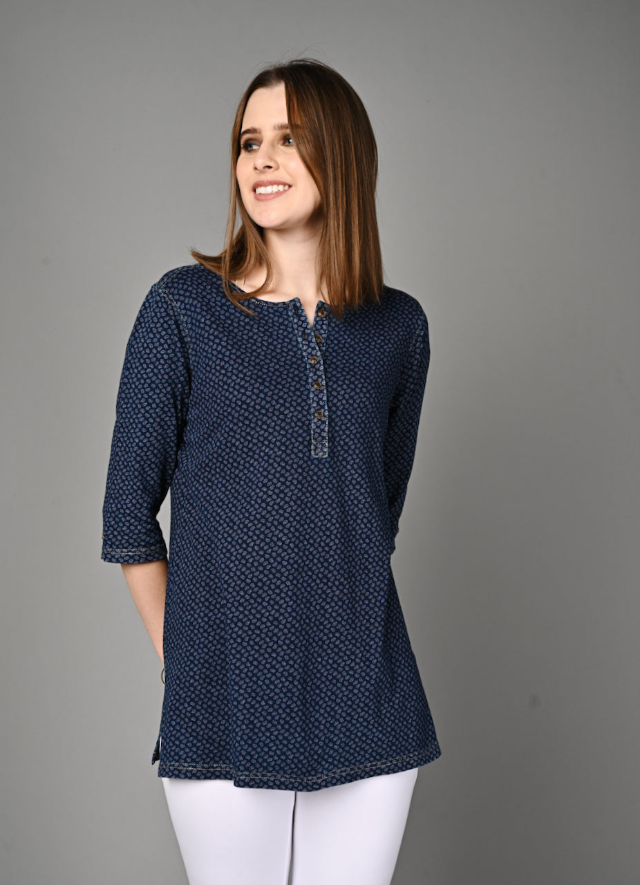 Denim Stretch Paisley Printed Long Top
