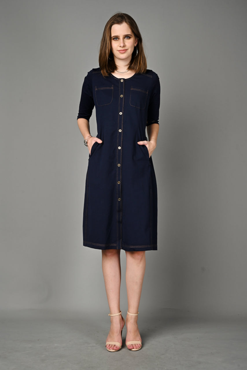 Navy Cotton Stretch Round Neck Dress