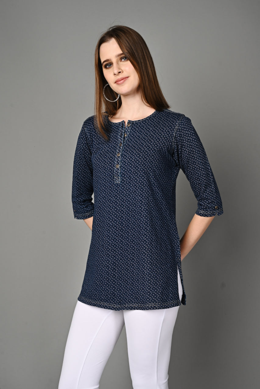 Denim Stretch Paisley Printed Long Top