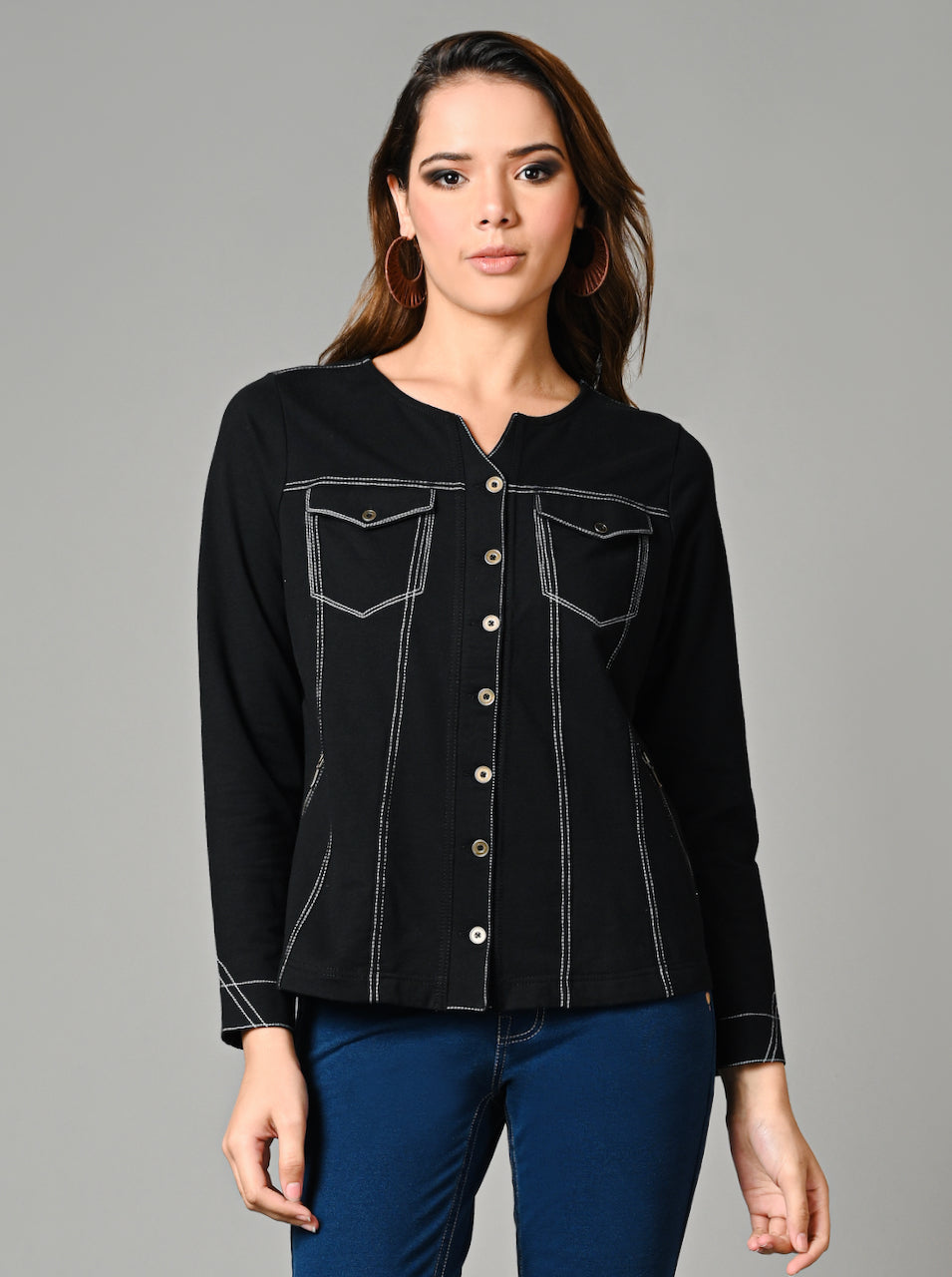 Black V Neck Cotton Stretch Jacket