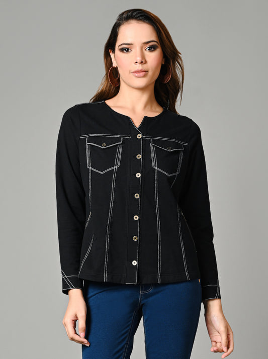 Black V Neck Cotton Stretch Jacket