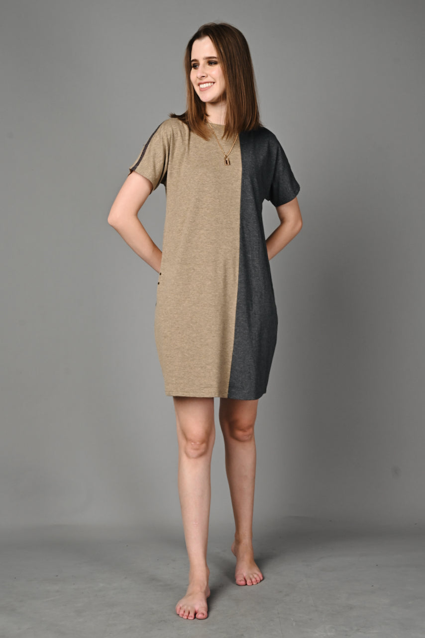 Fawn Grey Melange Stretch Round Neck Dress