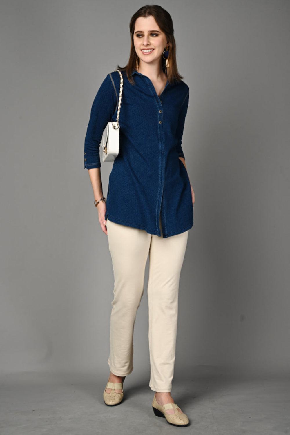 Stretch Indigo Denim Jacquard Long Shirt