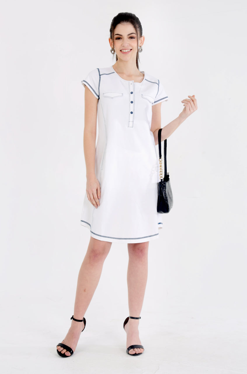 White Cotton Stretch Dress With Cap Sleeves and Black Threadwork