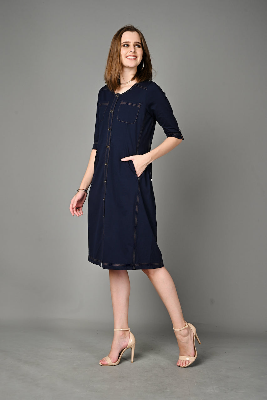 Navy Cotton Stretch Round Neck Dress