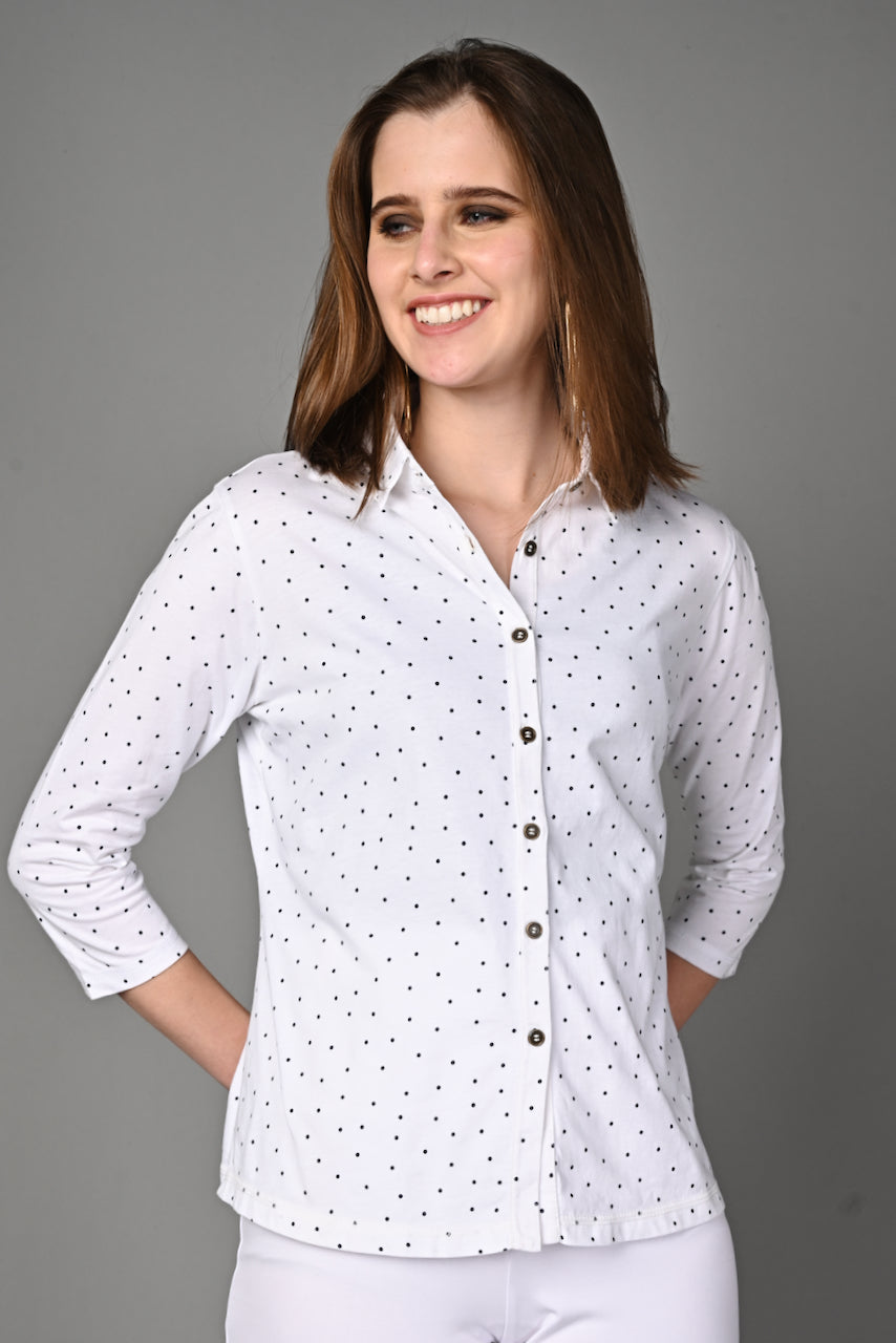 White Black Dot Cotton Stretch Shirt