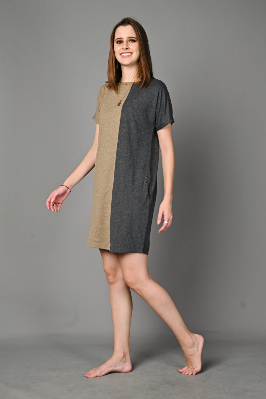 Fawn Grey Melange Stretch Round Neck Dress