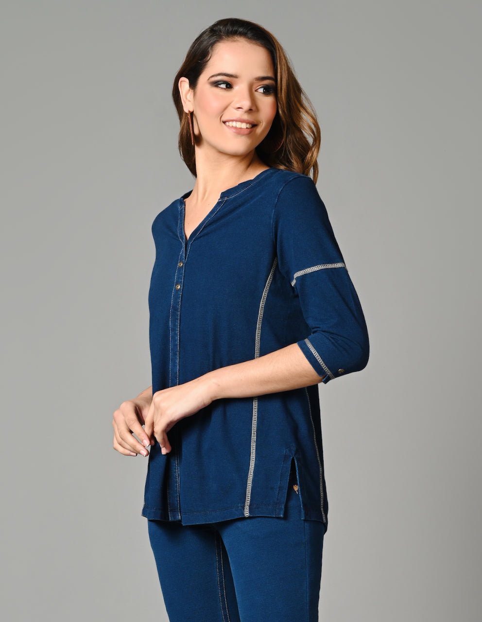Denim Indigo Stretch Side Yoke Top