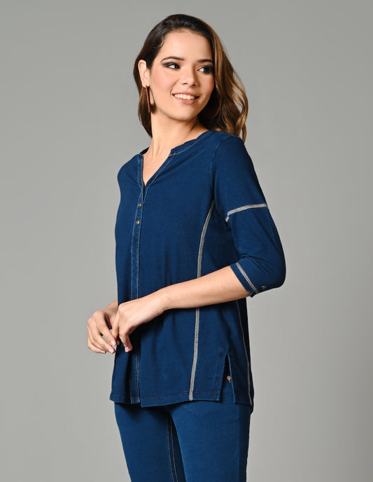 Denim Indigo Stretch Side Yoke Top