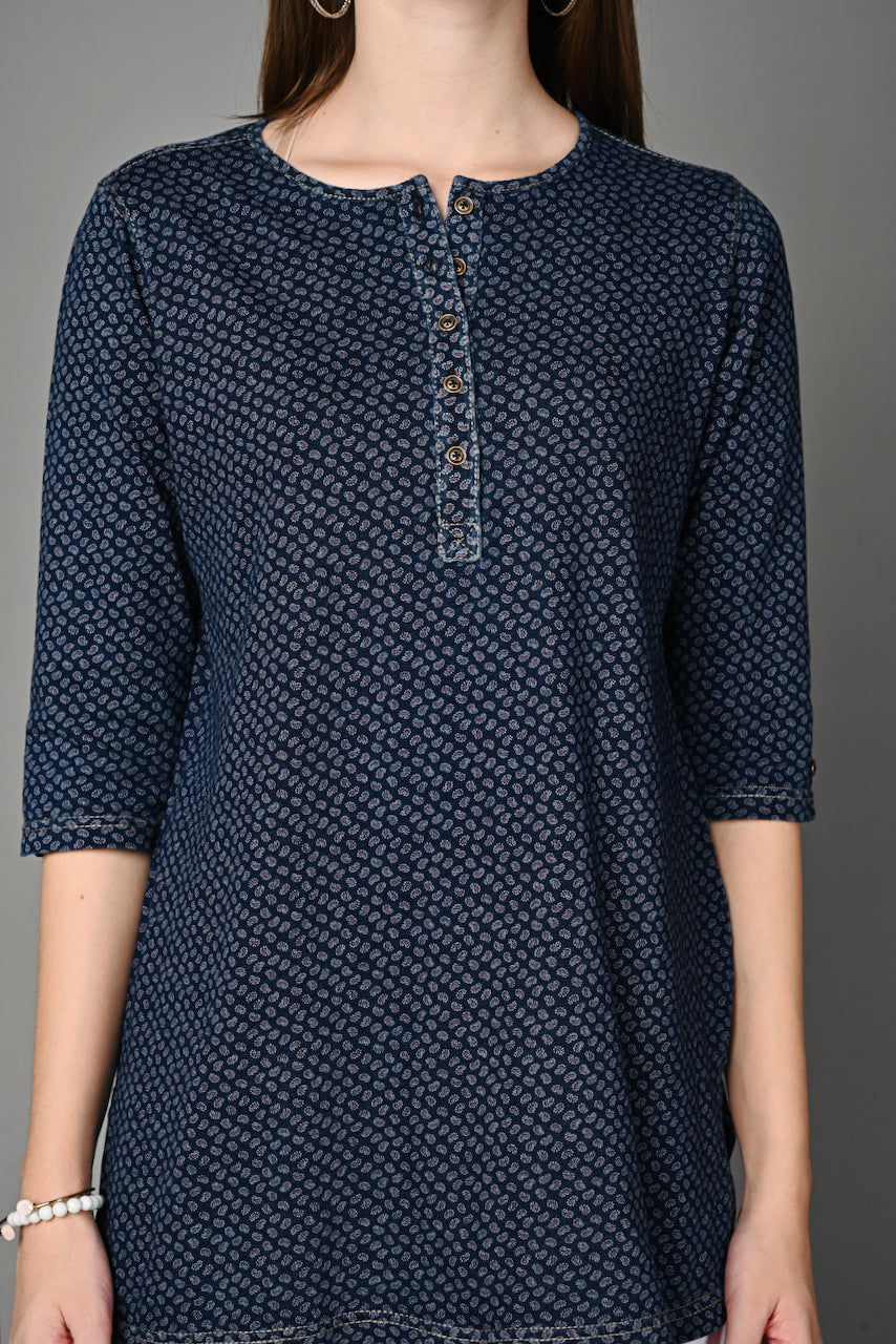 Denim Stretch Paisley Printed Long Top
