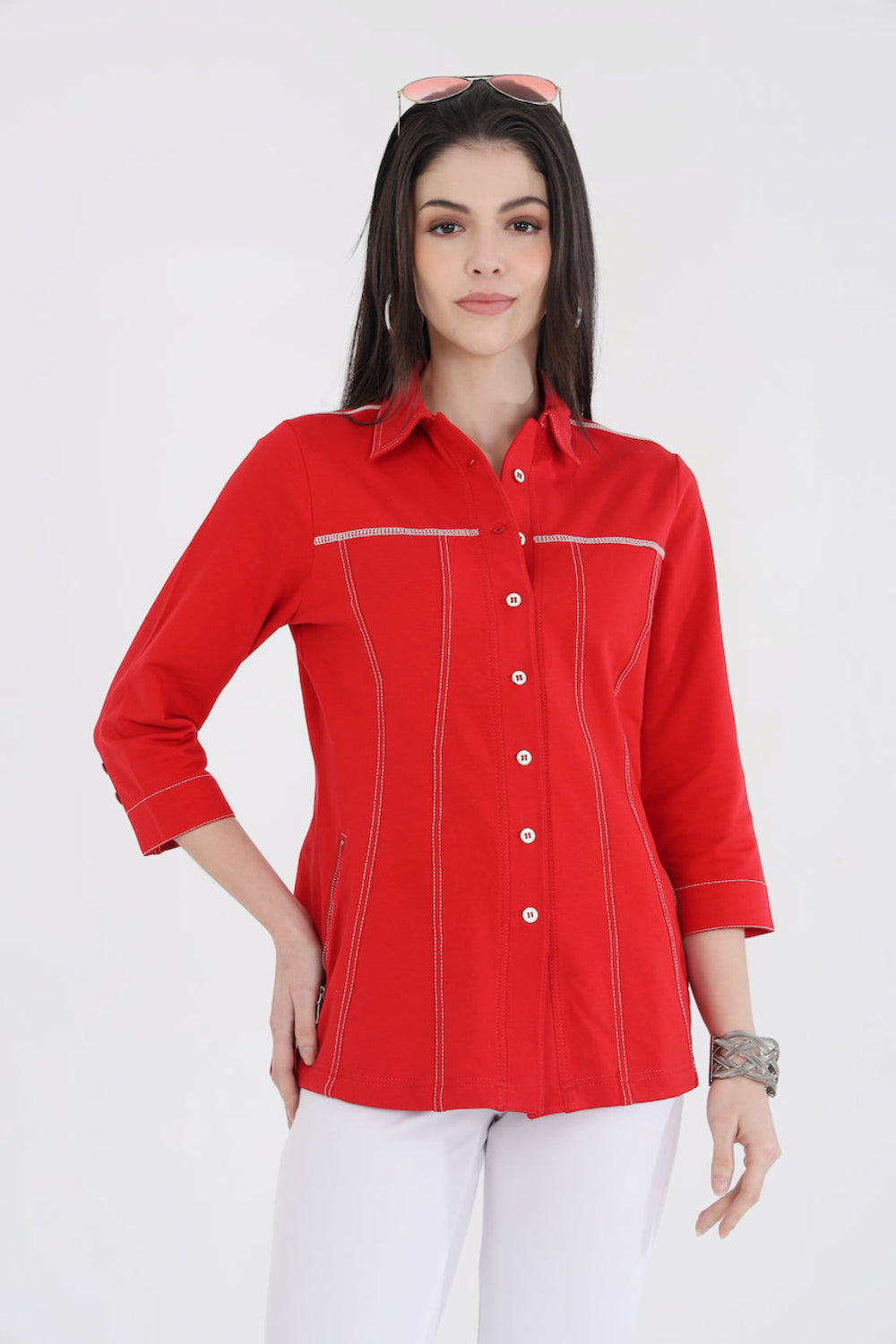 Classic Red Cotton Stretch Shirt Jacket