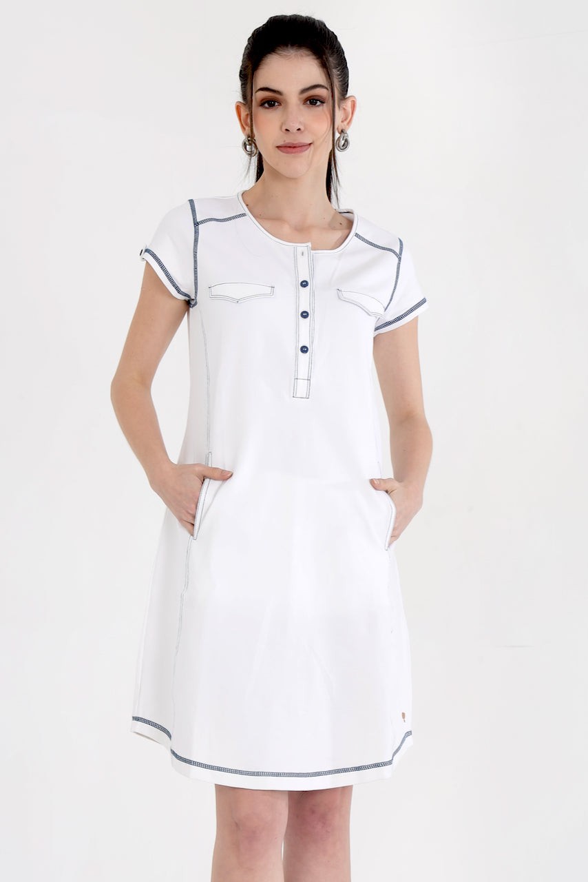 White Cotton Stretch Dress With Cap Sleeves and Black Threadwork