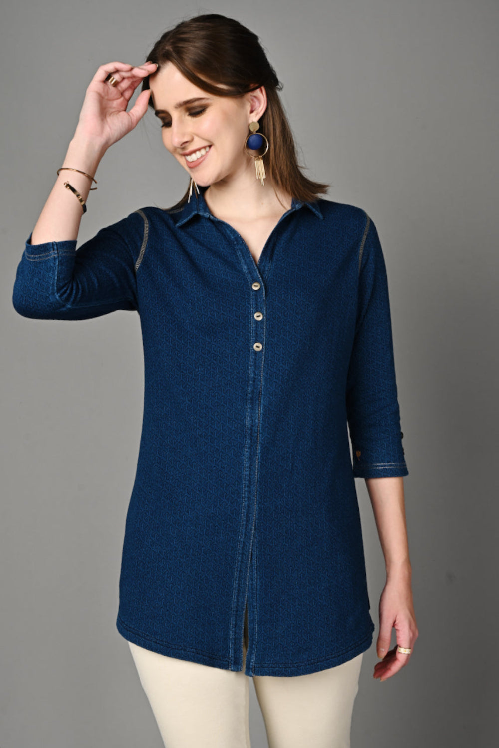 Stretch Indigo Denim Jacquard Long Shirt
