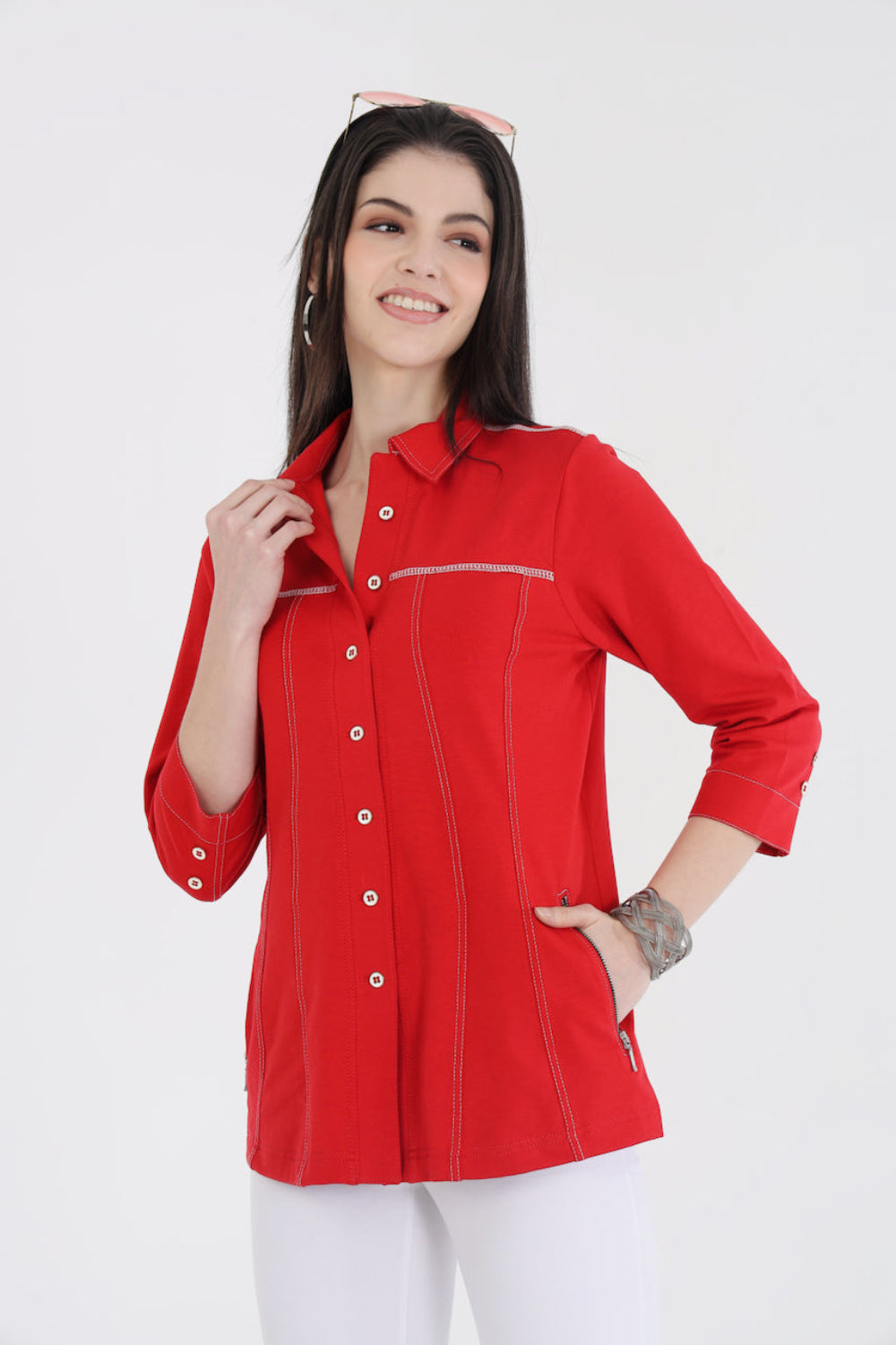 Classic Red Cotton Stretch Shirt Jacket