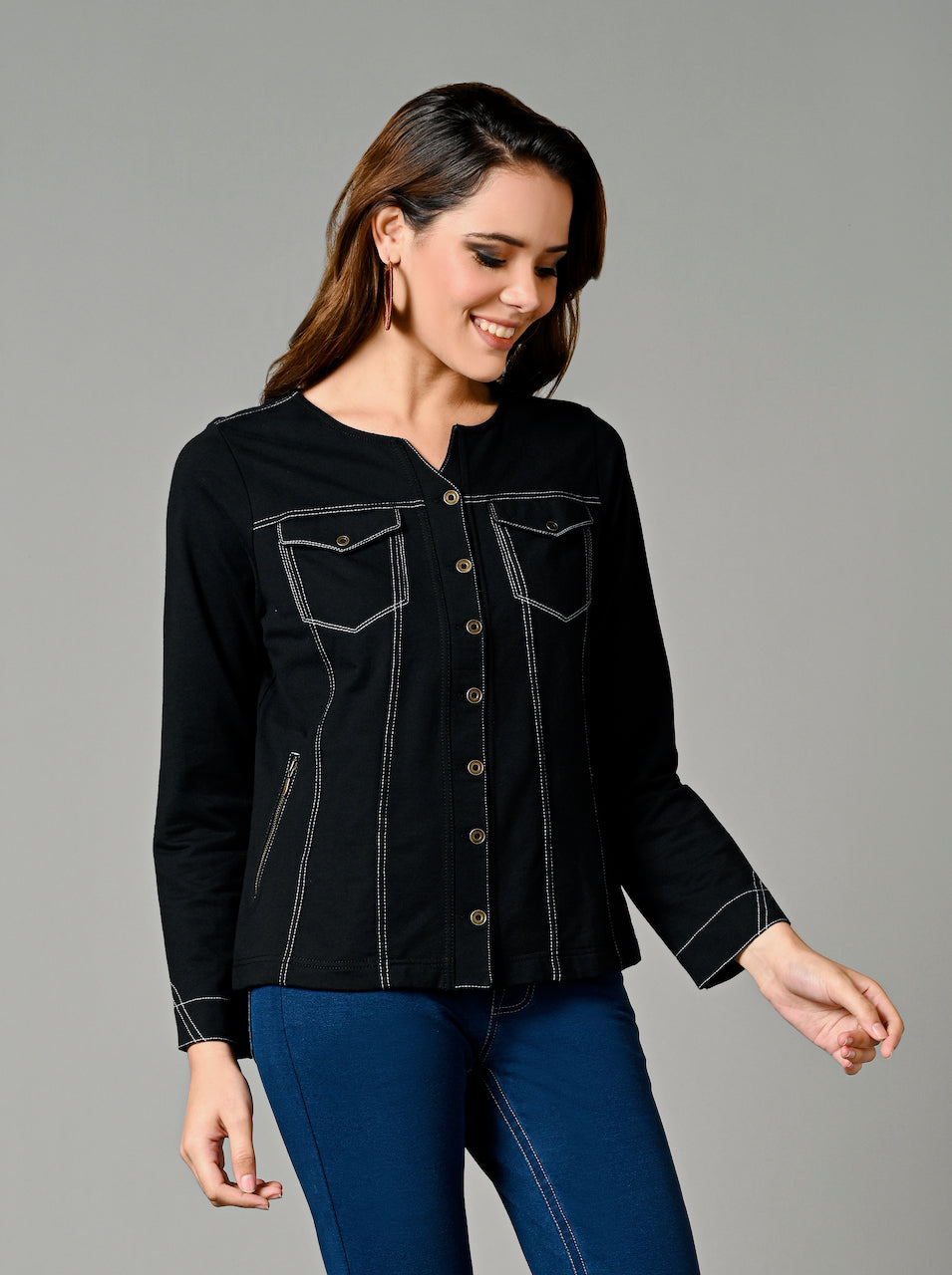 Black V Neck Cotton Stretch Jacket