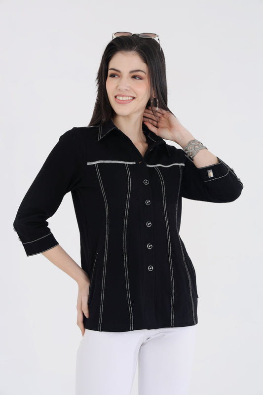 Classic Black Cotton Stretch Shirt Jacket