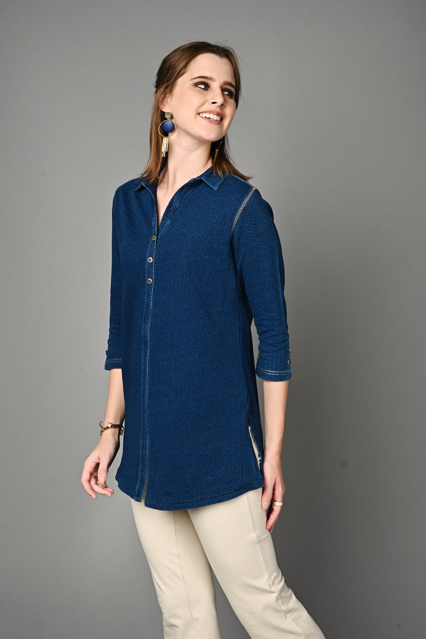 Denim Indigo Jacquard Long Shirt Kurti