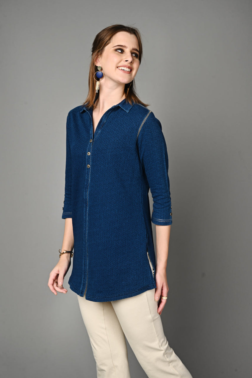 Stretch Indigo Denim Jacquard Long Shirt