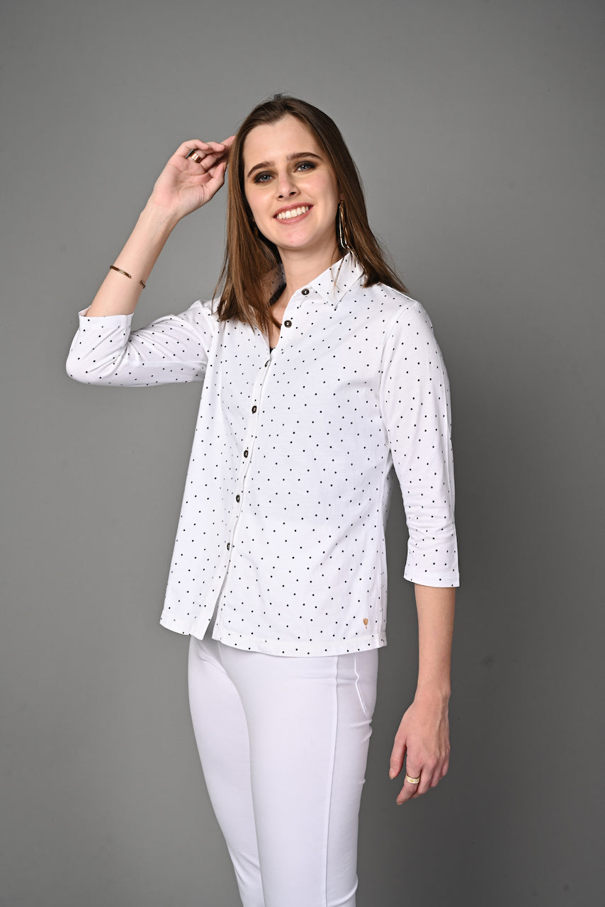 White Black Dot Cotton Stretch Shirt
