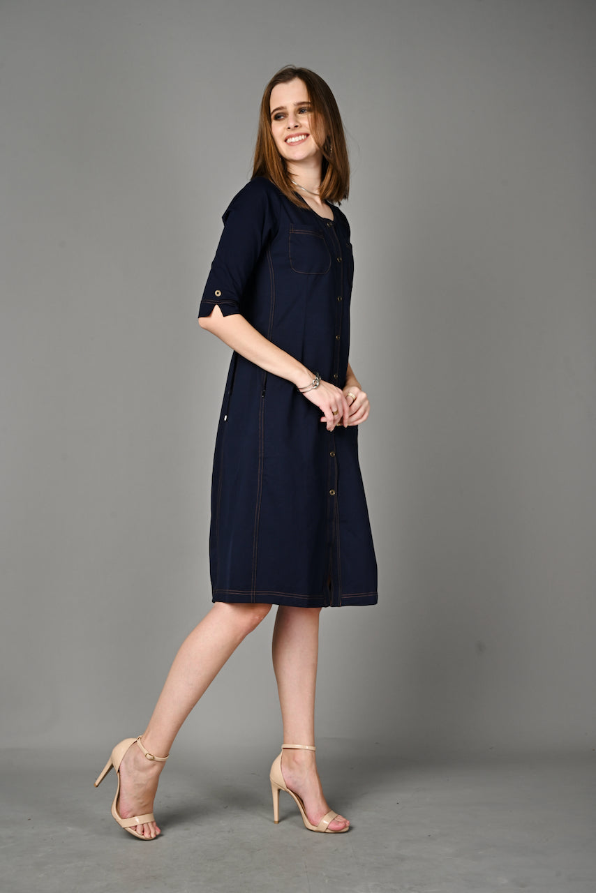 Navy Cotton Stretch Round Neck Dress