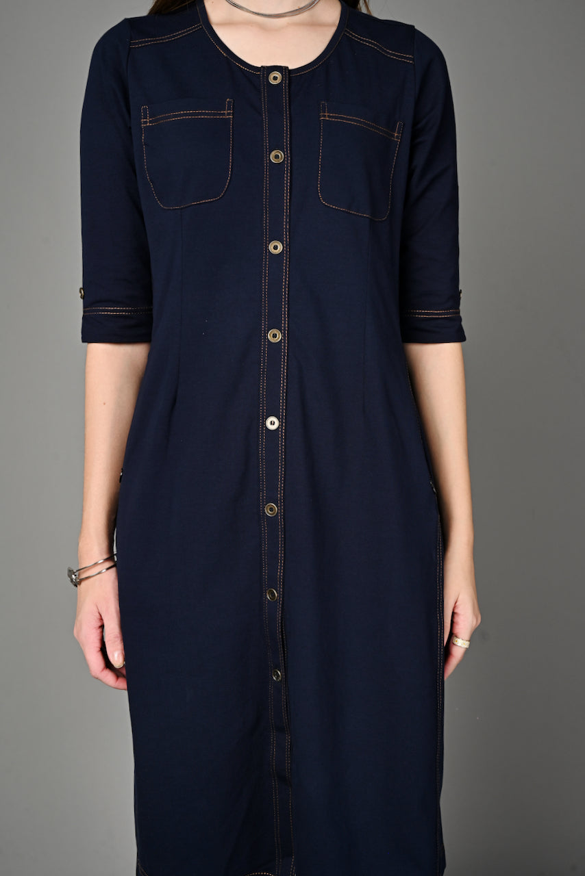 Navy Cotton Stretch Round Neck Dress