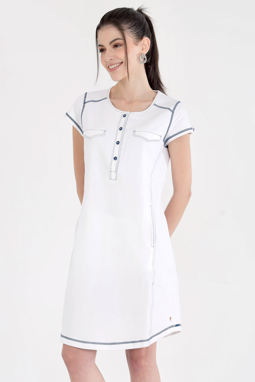 White Cotton Stretch Dress With Cap Sleeves and Black Threadwork