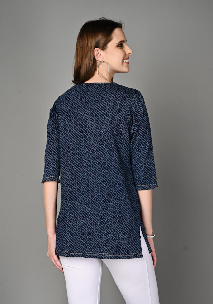 Denim Stretch Paisley Printed Long Top