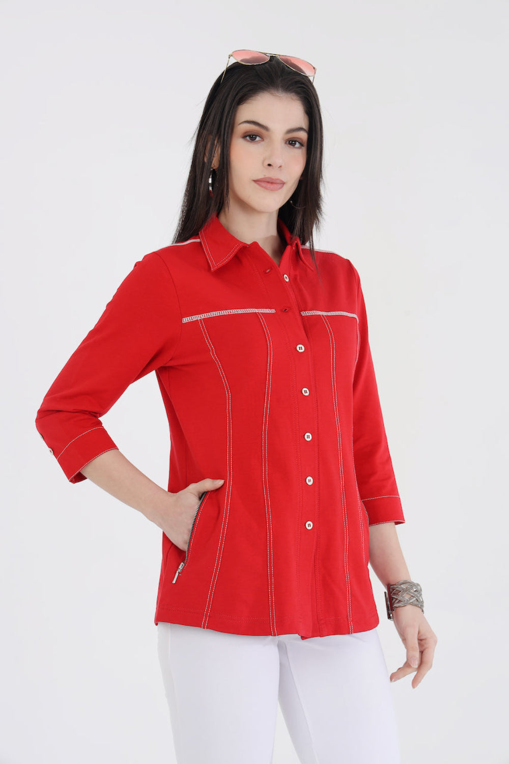 Classic Red Cotton Stretch Shirt Jacket