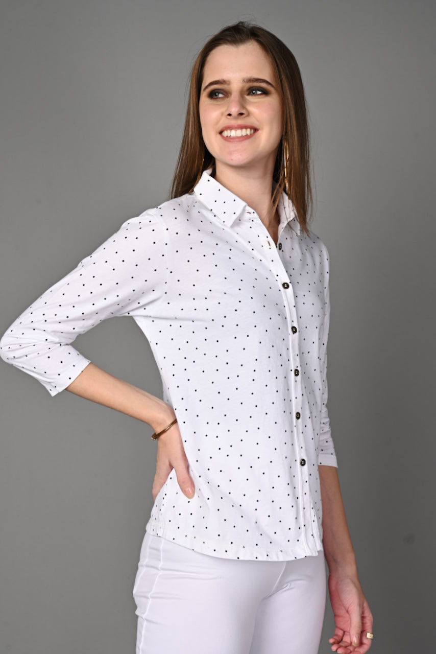 White Black Dot Cotton Stretch Shirt