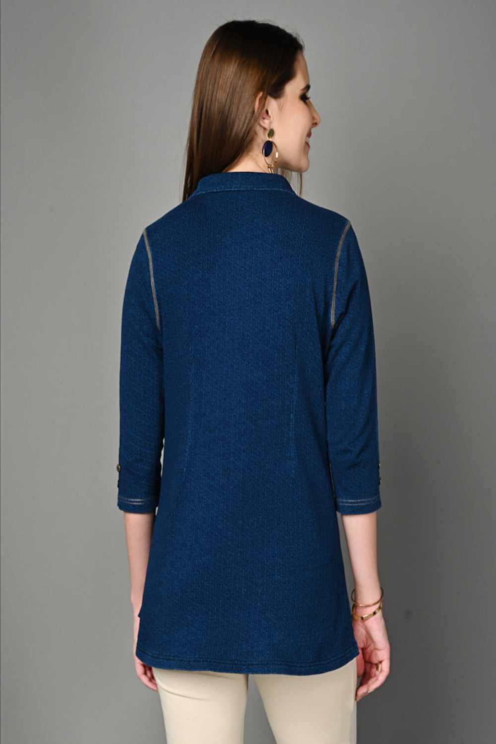 Stretch Indigo Denim Jacquard Long Shirt